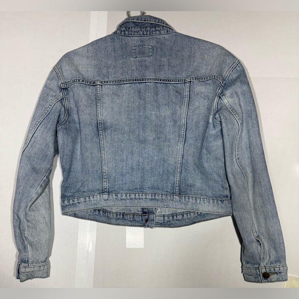 Old Navy Jean Jacket Paint Splatter Distressed Button Up Women’s Size Medium - Picture 5 of 8